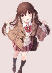 Rule 34 | 1girl, :d, bag, black socks, blush, bow, brown background, brown eyes, brown footwear, brown hair, brown jacket, cardigan, collared shirt, commentary request, diagonal stripes, dress shirt, fingernails, hair between eyes, hands up, highres, holding, holding own hair, jacket, kneehighs, kukiha, loafers, long hair, long sleeves, looking at viewer, notice lines, open mouth, original, plaid, plaid skirt, pleated skirt, red bow, red skirt, school bag, school uniform, shirt, shoes, simple background, skirt, sleeves past wrists, smile, socks, solo, standing, striped, striped bow, twintails, white cardigan, white shirt