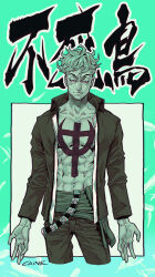 Rule 34 | 1boy, abs, anchor tattoo, artist name, caine666, chest tattoo, closed mouth, facial hair, looking at viewer, male focus, marco (one piece), mohawk, one piece, open clothes, short hair, solo, tattoo, third-party source, translation request