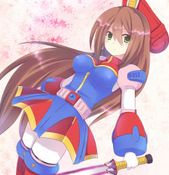 Rule 34 | 1girl, belt, beret, boots, breasts, capcom, dress, energy sword, green eyes, hat, iris (mega man), long hair, mega man (series), mega man x4, mega man x (series), pantyhose, pink background, ponytail, rento (rukeai), robot, solo, sword, thighhighs, weapon, white thighhighs