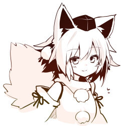 Rule 34 | 1girl, animal ears, bare shoulders, closed mouth, detached sleeves, highres, inubashiri momiji, looking at viewer, monochrome, pokopoko ponzu, pom pom (clothes), shirt, short hair, simple background, smile, solo, tail, touhou, white background, white hair, white shirt, white sleeves, wolf ears, wolf girl, wolf tail