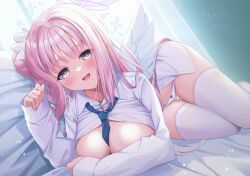 Rule 34 | 1girl, absurdres, bed, between breasts, blue archive, blush, borrowed clothes, breasts, commentary request, fukemachi, hair ornament, halo, highres, large breasts, mika (blue archive), necktie, necktie between breasts, open mouth, panties, pillow, pink hair, solo, thighhighs, underwear, wings, yellow eyes