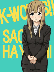 Rule 34 | blonde hair, blue eyes, blush, character name, formal, hayashi sachi, k-on!, long hair, mole, mole under eye, own hands clasped, own hands together, ryunnu, solo, suit