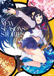 Rule 34 | 1girl, :d, autumn, autumn leaves, black hair, blue eyes, blush, cherry blossoms, loafers, long hair, midriff, open mouth, outstretched arms, school uniform, seasons, serafuku, shirabi, shoe dangle, shoes, skirt, smile, snowflakes, socks, solo, spread arms, spring (season), summer, water, white socks, winter