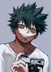 Rule 34 | 1boy, absurdres, artist name, black hair, blue eyes, boku no hero academia, burn scar, camera, cheek piercing, commentary, dabi (boku no hero academia), ear piercing, highres, holding, holding camera, looking at viewer, male focus, multiple scars, piercing, scar, scar on arm, scar on face, sharl0ck, shirt, smile, solo, spiked hair, symbol-only commentary, upper body, white shirt