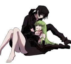 Rule 34 | 1boy, 1girl, absurdres, barefoot, black dress, black gloves, black hair, black shirt, blood, blood on clothes, blood on face, c.c., code geass, collared shirt, commentary request, dress, elbow gloves, full body, gloves, green hair, highres, io ion, knee up, knees up, lelouch vi britannia, long hair, looking at another, lying on lap, open mouth, purple eyes, shirt, short hair, sitting, smile, white background, yellow eyes