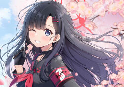 Rule 34 | 1girl, absurdres, armband, black choker, black gloves, black hair, black serafuku, black shirt, blue archive, blue eyes, blue sky, blush, branch, cherry blossoms, choker, cloud, fengshen chino, gloves, hair ornament, hairpin, halo, highres, holding, holding branch, ichika (blue archive), long hair, looking at viewer, neckerchief, one eye closed, red armband, red halo, red neckerchief, school uniform, serafuku, shirt, sky, smile, solo