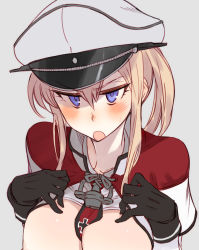 Rule 34 | 1girl, anchor, between breasts, black gloves, blonde hair, blue eyes, blush, breasts, capelet, cross, eyelashes, gloves, graf zeppelin (kancolle), grey background, hair between eyes, hat, highres, iron cross, kantai collection, kusanagi tonbo, large breasts, long hair, long sleeves, military, military hat, nipples, open clothes, open mouth, out-of-frame censoring, peaked cap, sidelocks, simple background, solo, sweat, teeth, twintails, upper teeth only, white hat