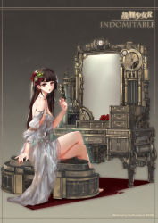 Rule 34 | :o, artist request, bare legs, bare shoulders, barefoot, bird, bird on hand, black hair, blunt bangs, bow, character name, clock, collaboration, commentary request, copyright name, crossed legs, detached sleeves, drawer, dress, flower, from behind, from side, full body, gradient background, grey background, grey dress, hair bow, highres, indomitable (warship girls r), long hair, looking at viewer, looking back, mechanical bird, mirror, mole, mole under eye, multiple girls, parted lips, red bow, red eyes, red flower, red rose, rose, see-through, sitting, solo, steampunk, table, vanity table, warship girls r, windforcelan