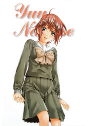 Rule 34 | 1990s (style), 1girl, absurdres, ahoge, brown eyes, brown hair, character name, cursive, feet out of frame, green shirt, green skirt, highres, kai tomohisa, long sleeves, looking at viewer, nanase yuu, non-web source, official art, open mouth, pleated skirt, retro artstyle, school uniform, sentimental graffiti, shirt, short hair, simple background, skirt, solo, white background
