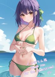 Rule 34 | 1girl, absurdres, bare shoulders, bikini, blue sky, blush, breasts, breasts apart, cloud, collarbone, commentary, commission, day, green bikini, green nails, green ribbon, guri (gri1211), hair ribbon, hands on own stomach, highres, indie virtual youtuber, kutsugi rin, large breasts, looking at viewer, medium hair, navel, ocean, outdoors, parted lips, purple hair, ribbon, side-tie bikini bottom, skeb commission, sky, solo, stomach, swimsuit, thank you, underboob, virtual youtuber, wading, yellow eyes