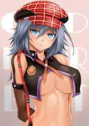 Rule 34 | 10s, 1girl, alisa ilinichina amiella, arms behind back, bad id, bad pixiv id, bare shoulders, breasts, colored eyelashes, covered erect nipples, elbow gloves, female focus, gloves, god eater, god eater burst, gradient background, hat, large breasts, oni-noboru, revision, short hair, silver hair, smile, solo, underboob, upper body