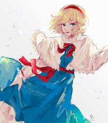 Rule 34 | 1girl, alice margatroid, ascot, blonde hair, blue dress, blue eyes, bow, bowtie, capelet, closed mouth, commentary request, dress, dutch angle, frilled dress, frills, hairband, happy, highres, hoshiringo0902, lips, lipstick, long sleeves, makeup, one-hour drawing challenge, red ascot, red bow, red bowtie, red hairband, red lips, short hair, simple background, smile, solo, touhou, white background, white capelet