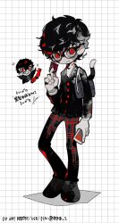 Rule 34 | amamiya ren, bag, black hair, btmr game, chibi, closed mouth, full body, glasses, gloves, grin, highres, jacket, long sleeves, looking at viewer, male focus, morgana (persona 5), multiple views, pants, persona, persona 5, plaid, plaid pants, red eyes, red gloves, school bag, school uniform, shoes, shuujin academy school uniform, signature, simple background, smile, solo, sparkle, standing, tail, twitter username