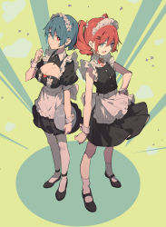Rule 34 | 2girls, absurdres, apron, back-to-back, black footwear, black skirt, blue eyes, breasts, cleavage cutout, clothing cutout, commentary, drill hair, frilled sleeves, frills, full body, green background, green hair, highres, holding, holding plate, large breasts, maid, maid apron, maid headdress, mary janes, medium breasts, medium hair, mmj, multiple girls, open mouth, original, pantyhose, parted lips, plate, puffy short sleeves, puffy sleeves, red eyes, red hair, red ribbon, ribbon, shoes, short hair, short sleeves, skirt, sleeveless, socks, standing, twin drills, twintails, white pantyhose, white socks, wrist cuffs