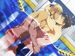 Rule 34 | 2boys, abs, bad id, bad pixiv id, black eyes, blonde hair, blue jammers, blue male swimwear, blue swim briefs, blush, brown hair, bulge, cuddling, double vertical stripe, dutch angle, erection, erection under clothes, goggles, grinding, hand on back, hug, izumi nekotsuki, jammers, kiss, looking at another, male focus, male swimwear, motion blur, multicolored clothes, multicolored male swimwear, multicolored swim briefs, multicolored swimsuit, multiple boys, muscular, nipples, original, pectorals, pool, red male swimwear, red swim briefs, sex, sweat, swim briefs, swim cap, swimsuit, tan, topless male, underwater, underwater sex, wasukoro, water, yaoi