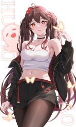 Rule 34 | 1girl, absurdres, ahoge, alternate costume, arm at side, bare shoulders, belt, black choker, black jacket, black skirt, boo tao (genshin impact), breasts, brown hair, bug, butterfly, butterfly on hand, camisole, character name, chinese commentary, choker, cleavage, commentary request, cowboy shot, crop top, fangs, fishnet pantyhose, fishnets, flower, flower-shaped pupils, genshin impact, hair flower, hair ornament, hand up, highleg, highleg panties, highres, hu tao (genshin impact), insect, jacket, jewelry, long hair, medium breasts, midriff, miniskirt, multiple rings, navel, open clothes, open jacket, panties, panty straps, pantyhose, parted lips, plum blossoms, red belt, red eyes, red flower, ring, shirt, simple background, skirt, smile, solo, stomach, string panties, symbol-shaped pupils, taut clothes, taut shirt, thighs, twintails, underwear, very long hair, white background, white camisole, white panties, zhutou 333, zipper, zipper pull tab