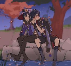 Rule 34 | 1boy, 1girl, aqua eyes, armor, artwolfaja, black hair, blue eyes, blush, bow, clenched hands, detached sleeves, ear blush, elbow on knee, falling leaves, furrowed brow, genshin impact, gloves, gold trim, grass, hair between eyes, hands on another&#039;s shoulder, hands on own cheeks, hands on own face, hat, hat bow, highres, hill, japanese armor, kicking, kote, kurokote, leaf, leaning on person, leotard, long sleeves, looking at another, looking down, looking to the side, mona (genshin impact), no headwear, open clothes, open shirt, pantyhose, partially submerged, purple leotard, rock, sash, scaramouche (genshin impact), short sleeves, shorts, sidelocks, sitting, skin tight, star (symbol), sweatdrop, tree, twintails, water, witch hat