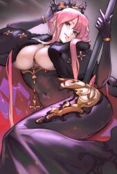 Rule 34 | 1girl, absurdres, azur lane, black dress, black gloves, breasts, clemenceau (azur lane), covered navel, cross, crown, dress, evil smile, gloves, hands up, highres, juaag acgy, large breasts, lips, long hair, looking at viewer, lying, on side, pink hair, red eyes, smile, solo, staff, tight clothes, tight dress