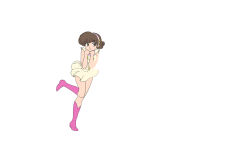 Rule 34 | 1girl, boots, brown eyes, brown hair, cheerleader, clothes lift, dress, high heels, knee boots, konjo mariko, legs, looking to the side, medium hair, ranma 1/2, shoes, short sleeves, skirt, skirt lift, smile, solo, standing, standing on one leg, thighs, white background, white dress, white skirt