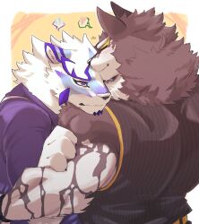 Rule 34 | 2boys, absurdres, animal ears, bara, belt, black shirt, blue shirt, blush, claws, closed eyes, commentary request, furry, furry male, furry with furry, heart, highres, hug, live a hero, looking at another, male focus, monomasa (live a hero), multiple boys, nokkun (nokia1124 a), one eye covered, sadayoshi (live a hero), shirt, sleeveless, sleeveless shirt, sweatdrop, wolf boy, wolf ears, yellow belt