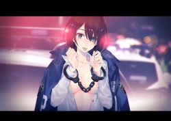 Rule 34 | 1girl, black hair, blue eyes, blue jacket, blurry, blurry background, bokeh, breasts, buttons, car, cleavage, collarbone, collared shirt, depth of field, dress shirt, hair over one eye, highres, jacket, jacket on shoulders, jewelry, large breasts, letterboxed, long sleeves, looking at viewer, mole, mole on breast, monq, motor vehicle, no bra, open clothes, open mouth, open shirt, original, police car, ring, shirt, short hair, solo, tongue, tongue out, upper body, white shirt