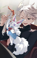 Rule 34 | 1boy, ;d, absurdres, ahoge, armchair, bacon, black eyes, black shirt, blurry, blurry background, bookshelf, chair, cowboy shot, creature, fate/grand order, fate (series), food, fork, fou (fate), grey hair, hair between eyes, highres, holding, holding creature, holding fork, indoors, james moriarty (ruler) (fate), lightning ahoge, long sleeves, looking at animal, male focus, one eye closed, open mouth, plant, shirt, short hair, sitting, smile, solo, tia (cocorosso), turtleneck, v-shaped eyebrows