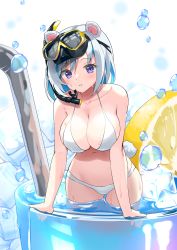 Rule 34 | 1girl, animal ears, arm support, bear ears, bear girl, bear tail, bendy straw, bikini, blue eyes, blue hair, breasts, cleavage, commentary request, copyright request, cup, drink, drinking straw, food, fruit, goggles, goggles on head, grey hair, hair between eyes, highres, in container, in cup, korean commentary, kutata, large breasts, lemon, lemon slice, mini person, minigirl, multicolored hair, navel, parted lips, snorkel, solo, swimsuit, tail, two-tone hair, virtual youtuber, white bikini