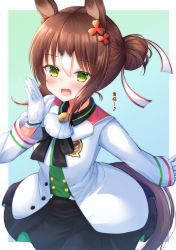 Rule 34 | 1girl, animal ears, blush, breasts, brown hair, commentary request, fine motion (umamusume), folded ponytail, gloves, green eyes, hair between eyes, highres, horse ears, horse girl, horse tail, looking at viewer, open mouth, shiinyan, small breasts, solo, tail, translation request, umamusume, whispering, white gloves