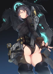 Rule 34 | 1girl, absurdres, aqua eyes, arm behind back, ass, black hair, breasts, commentary request, earrings, final fantasy, final fantasy xiv, fingerless gloves, gloves, gradient background, gun, hat, highres, hyur, jewelry, large breasts, looking at viewer, machinist (final fantasy), nanahara fuyuki, red eyes, revision, robot, short hair, solo, standing, thighhighs, twitter username, weapon, wrench