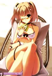 Rule 34 | 1girl, ;), absurdres, artist name, bare shoulders, bikini, blush, book, breasts, brown hair, chair, glasses, green eyes, highres, holding, holding book, jewelry, crossed legs, lounge chair, one eye closed, ring, sakura nitouhei, scan, short hair, sitting, smile, solo, swimsuit, twintails, wink, wrist cuffs