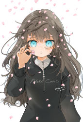 Rule 34 | 1girl, black sweater, blue eyes, brown hair, cherry blossoms, collared shirt, flower, gotou (nekocat), hand up, holding, holding flower, long hair, long sleeves, looking at viewer, original, petals, shirt, solo, sweater, upper body, white background, white shirt