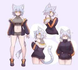 Rule 34 | 1girl, :3, absurdres, animal ears, bare shoulders, blue hair, blush, breasts, cat ears, cat tail, full body, fur trim, groin, highres, jacket, large breasts, light smile, looking at viewer, multiple views, navel, open mouth, orange eyes, original, pantyhose, pointing, ryota tentei, scar, short hair, short shorts, shorts, smile, tail, tora tentei