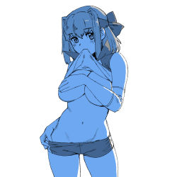Rule 34 | 1girl, blue theme, breasts, clothes in mouth, clothes lift, clothes pull, covering privates, covering breasts, cowboy shot, elbow pads, girls und panzer, highres, kondou taeko, large breasts, lifted by self, looking at viewer, medium hair, monochrome, mouth hold, navel, no bra, onsen tamago (hs egg), pulled by self, shirt, shirt in mouth, shirt lift, short shorts, shorts, shorts pull, single vertical stripe, sleeveless, sleeveless shirt, solo, sportswear, standing, volleyball uniform