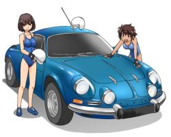 Rule 34 | 10s, 2girls, alpine a110, black eyes, blue footwear, blue one-piece swimsuit, brown hair, car, closed mouth, commentary request, dark-skinned female, dark skin, girls und panzer, helmet, holding, hoshino (girls und panzer), looking at viewer, motor vehicle, multiple girls, one-piece swimsuit, open mouth, renault alpine a110, school swimsuit, shadow, shoes, short hair, simple background, smile, sneakers, standing, suzuki (girls und panzer), swimsuit, tomboy, uona telepin, vehicle focus, white background