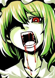 Rule 34 | 1girl, bad id, bad pixiv id, blonde hair, blood, blood in mouth, blood stain, close-up, collarbone, embodiment of scarlet devil, fangs, female focus, flandre scarlet, green hair, hair over one eye, hat, karute, looking at viewer, one eye covered, open mouth, partially colored, red eyes, short hair, side ponytail, solo, touhou