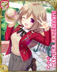 Rule 34 | 1girl, black bow, blazer, bow, bowtie, brown hair, rabbit hair ornament, card (medium), character name, day, dress, girlfriend (kari), grey dress, hair ornament, hairclip, holding, jacket, kazemachi haruka, long sleeves, looking at viewer, official art, one eye closed, open mouth, outdoors, park, pink eyes, pleated dress, qp:flapper, red jacket, school uniform, short hair, smile, solo, standing, standing on one leg, sweater vest, tagme, tareme, treble clef, wink, yellow sweater vest