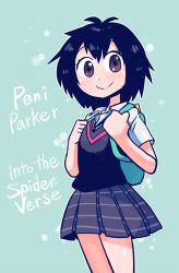 Rule 34 | 1girl, backpack, bag, black hair, blue background, blush, brown eyes, character name, child, copyright name, grey skirt, light blush, looking at viewer, marvel, necktie, open collar, peni parker, rariatto (ganguri), school uniform, short hair, skirt, smile, solo, spider-man: into the spider-verse, spider-man (series), spider-verse