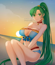 Rule 34 | 1girl, artist name, beach, breasts, chocojax, cleavage, closed mouth, cloud, earrings, fire emblem, fire emblem: the blazing blade, fire emblem heroes, flower, green eyes, green hair, hair flower, hair ornament, jewelry, large breasts, long hair, lyn (fire emblem), lyn (summer) (fire emblem), nintendo, outdoors, ponytail, sitting, sky, solo, swimsuit, water, watermark, web address
