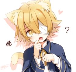 Rule 34 | 1boy, ?, animal ears, bandage over one eye, blonde hair, blue capelet, blue jacket, capelet, cat boy, cat ears, cat tail, commentary, dal segno (symbol), heart, jacket, male focus, minahoshi taichi, oliver (vocaloid), open mouth, paw pose, tail, translated, upper body, vocaloid, white background, yellow eyes