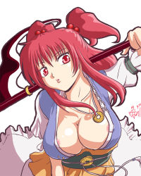 Rule 34 | 1girl, :o, areola slip, breasts, cleavage, collarbone, covered erect nipples, female focus, hair bobbles, hair ornament, highres, large breasts, leaning forward, lips, obi, onozuka komachi, open clothes, open shirt, over shoulder, red eyes, red hair, sash, scythe, shirt, short hair, sidelocks, solo, touhou, twintails, two side up, yuro (yuroaoj)