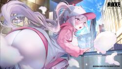 Rule 34 | 1girl, absurdres, alice (nikke), alice (sweet home) (nikke), ass, bag, bent over, blush, cloud, cotton candy, day, goddess of victory: nikke, grey hair, hat, highres, holding, jacket, kaede (sayappa), logo, long hair, official alternate costume, official art, open mouth, outdoors, pink eyes, sky, solo, sparkle, twintails