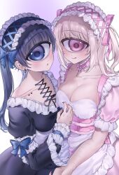 Rule 34 | 2girls, :q, absurdres, armband, azen (mntimcczgrtn), belt, black dress, black hair, blonde hair, blue eyes, bow, breasts, chest belt, choker, cleavage, collarbone piercing, corset, cowboy shot, cyclops, dress, ear piercing, earrings, ero lolita, gothic lolita, hair bow, hairband, heart, heart in eye, highres, jewelry, large breasts, lolita fashion, long sleeves, looking at viewer, multiple girls, one-eyed, original, parted lips, piercing, pink choker, pink dress, puffy short sleeves, puffy sleeves, self-harm, short sleeves, smile, spike piercing, sweet lolita, symbol in eye, tongue, tongue out, twintails, wrist cutting