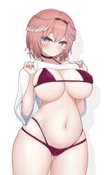 1girl bikini blue_eyes blush breasts choker highres hololive large_breasts looking_at_viewer mochigomemcmc navel pink_hair short_hair solo stomach swimsuit takane_lui underboob virtual_youtuber