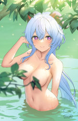 Rule 34 | 1girl, artist name, blue hair, breasts, closed mouth, collarbone, completely nude, convenient censoring, fukuro daizi, ganyu (genshin impact), genshin impact, goat horns, hair between eyes, highres, horns, long hair, looking at viewer, medium breasts, navel, nude, partially submerged, patreon username, purple eyes, signature, smile, solo, water, wet