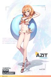 Rule 34 | 1girl, absurdres, arm behind head, arm up, armpits, bare arms, bare legs, bare shoulders, bikini, borrowed character, braid, breasts, cleavage, fang, frilled bikini, frills, front-tie bikini top, front-tie top, full body, highres, holding, holding swim ring, innertube, long hair, looking at viewer, medium breasts, navel, open mouth, orange hair, original, red eyes, sandals, side-tie bikini bottom, smile, solo, standing, stomach, string bikini, swim ring, swimsuit, twin braids, twintails, ugwa, white bikini