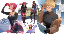 1boy, 1girl, :3, apex legends, arm tattoo, black gloves, black headwear, blue skin, bodysuit, breasts, brown jacket, colored skin, cosplay, creatures (company), cropped shirt, cropped vest, crossover, cyber punked wattson, eyepatch, facial scar, game freak, gen 1 pokemon, glasses, gloves, goggles, highres, holding, holding pen, holding tablet pc, horns, iwamoto zerogo, jacket, leaning forward, lichtenberg figure, lipstick, loch ness monster, looking down, looking to the side, looking up, makeup, medium breasts, midriff, navel, nessie (respawn), nintendo, octane (apex legends), off shoulder, one eye covered, orange vest, pen, pikachu, pink hair, pokemon, purple lips, round eyewear, scar, scar on cheek, scar on face, short hair, single glove, small breasts, smile, stuffed toy, tablet pc, tattoo, trait connection, vest, wattson (apex legends), wattson (apex legends) (cosplay)