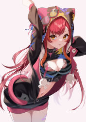Rule 34 | absurdres, akarionaka, animal ears, arm up, blush, breasts, cat ears, cat girl, cat tail, cleavage, collar, commentary request, highres, hood, hoodie, long hair, looking at viewer, medium breasts, nekota tsuna, red hair, simple background, tail, virtual youtuber, vspo!, white background, yellow eyes