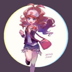 Rule 34 | 1girl, :d, antenna hair, bag, baseball cap, brown vest, clenched hand, commentary request, creatures (company), dated, floating hair, game freak, grey shorts, hat, hilda (pokemon), holding, holding poke ball, knees, leg up, long hair, looking at viewer, nintendo, open clothes, open mouth, open vest, pink bag, poke ball, poke ball (basic), pokemon, pokemon bw, purple eyes, ritsuki mino, shirt, shoes, short shorts, shorts, shoulder bag, sidelocks, sleeveless, sleeveless shirt, smile, solo, tongue, vest, white shirt, wristband