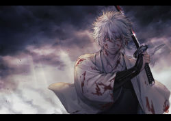 Rule 34 | 1boy, arm guards, blood, blood on clothes, blood on face, closed mouth, cloud, cloudy sky, gintama, grey hair, hair between eyes, highres, holding, holding sword, holding weapon, japanese clothes, katana, kimono, letterboxed, looking at viewer, male focus, outdoors, red eyes, sakata gintoki, sky, solo, sunlight, sword, upper body, uraki (tetsu420), weapon, white kimono
