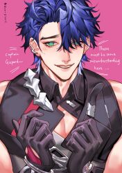 Rule 34 | 1boy, belt, blue hair, commentary, cuffs, earrings, english commentary, english text, eyebrows hidden by hair, gloves, green eyes, hair between eyes, handcuffs, highres, honkai: star rail, honkai (series), jewelry, light blush, male focus, muoi, parted lips, pectoral cleavage, pectorals, pink background, sampo koski, simple background, single earring, smile, solo, sweatdrop, teeth, twitter username, upper body, upper teeth only